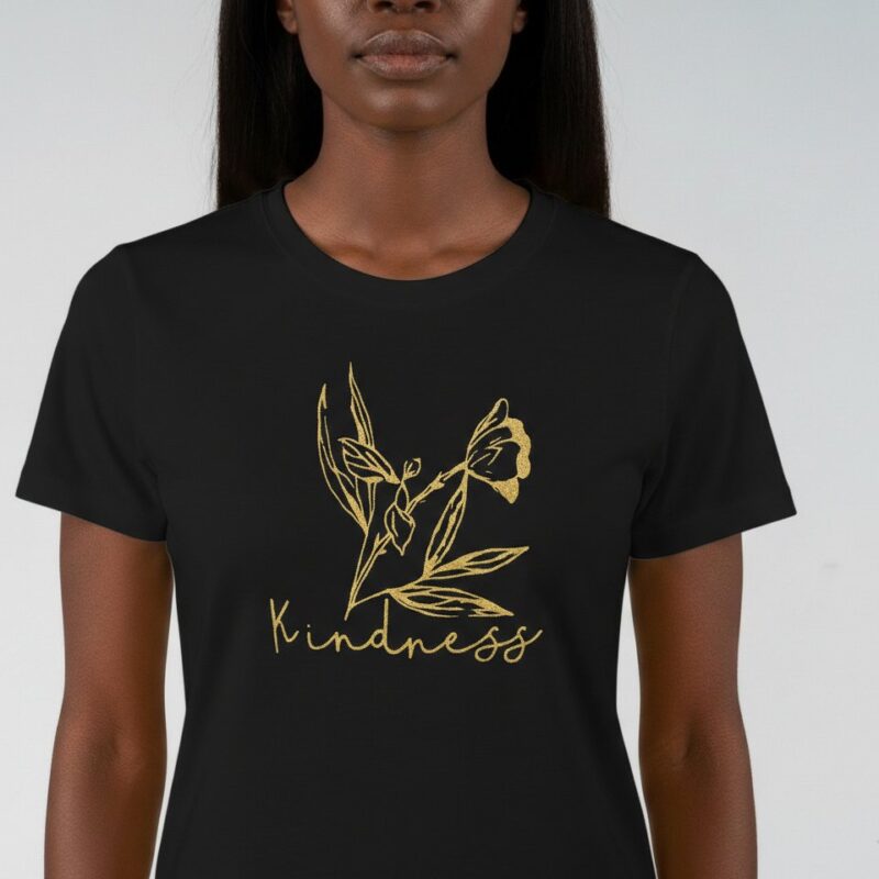 flowery kindness tee – gold flower with holographic lettering