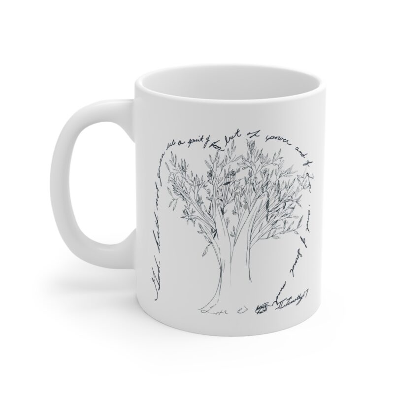 11oz coffee mug — handwritten olive tree illustration with script accent