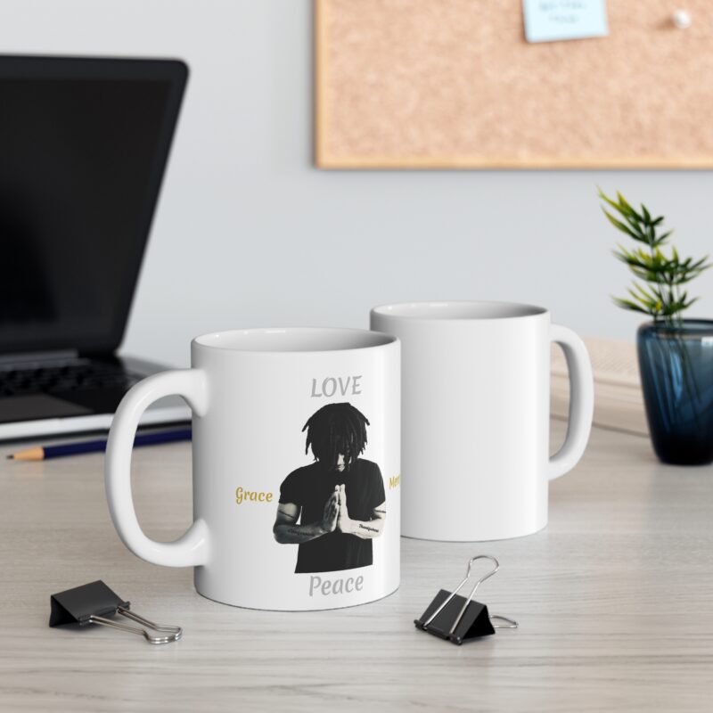 love, peace, mercy prayer mug — spiritual prayer hands coffee cup