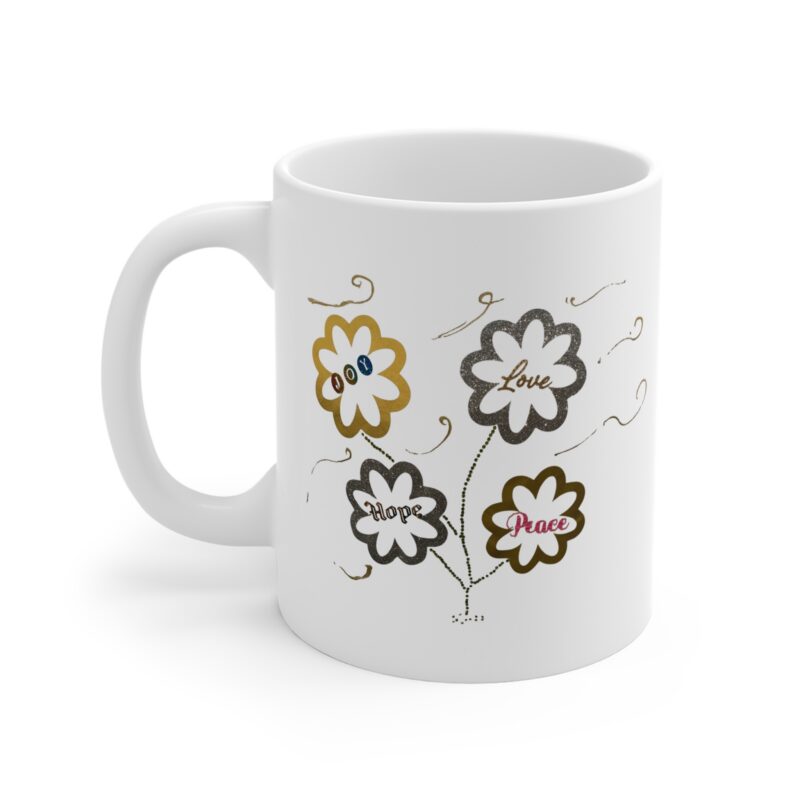 11oz floral peace mug – 'love, hope, peace' coffee cup