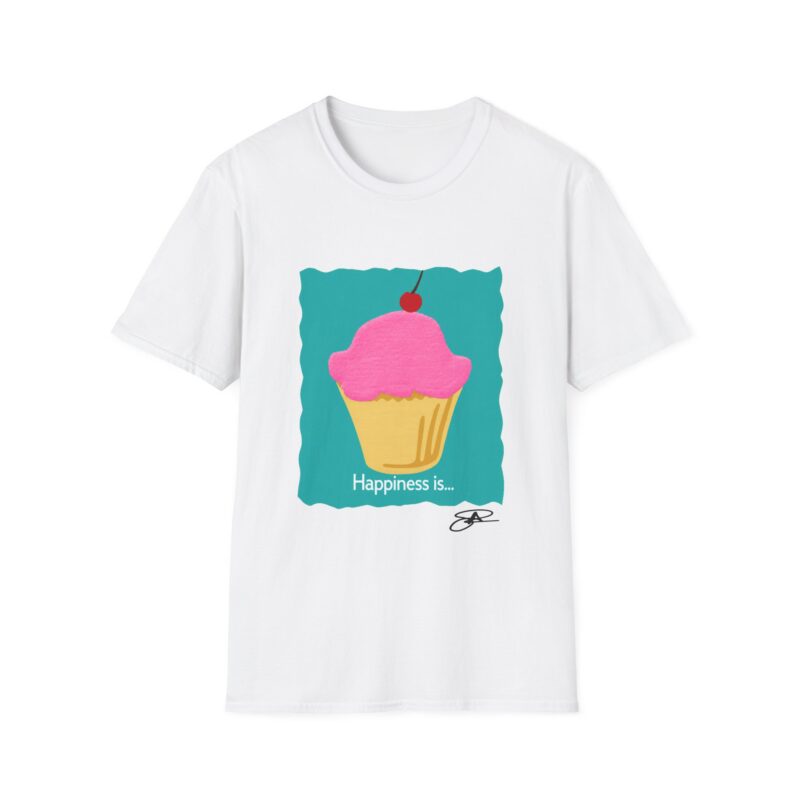 cupcake graphic t shirt — "happiness is" pink cherry dessert tee