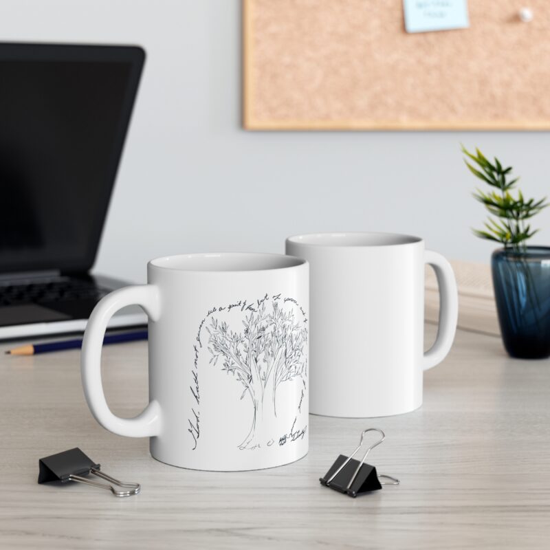 11oz coffee mug — handwritten olive tree illustration with script accent