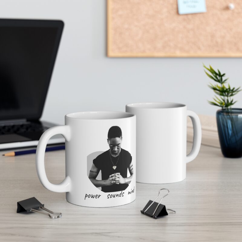 inspirational photo mug 'power sounds mind' black & white portrait 11oz