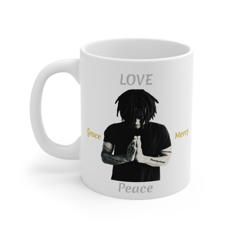 love, peace, mercy prayer mug — spiritual prayer hands coffee cup