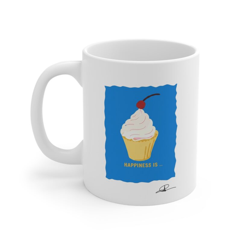 cupcake happiness mug — "happiness is..." 11oz ceramic coffee cup