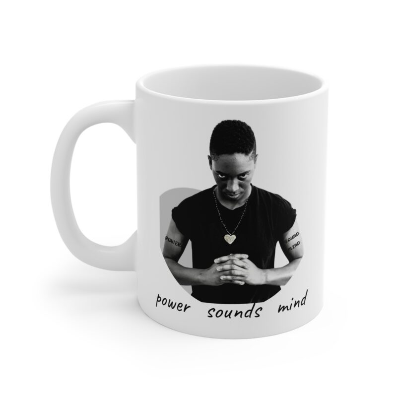 inspirational photo mug 'power sounds mind' black & white portrait 11oz