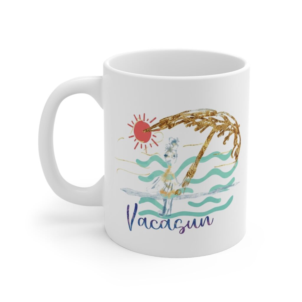 vacation palm beach mug — 'vacasun' coastal coffee cup, tropical summer gift