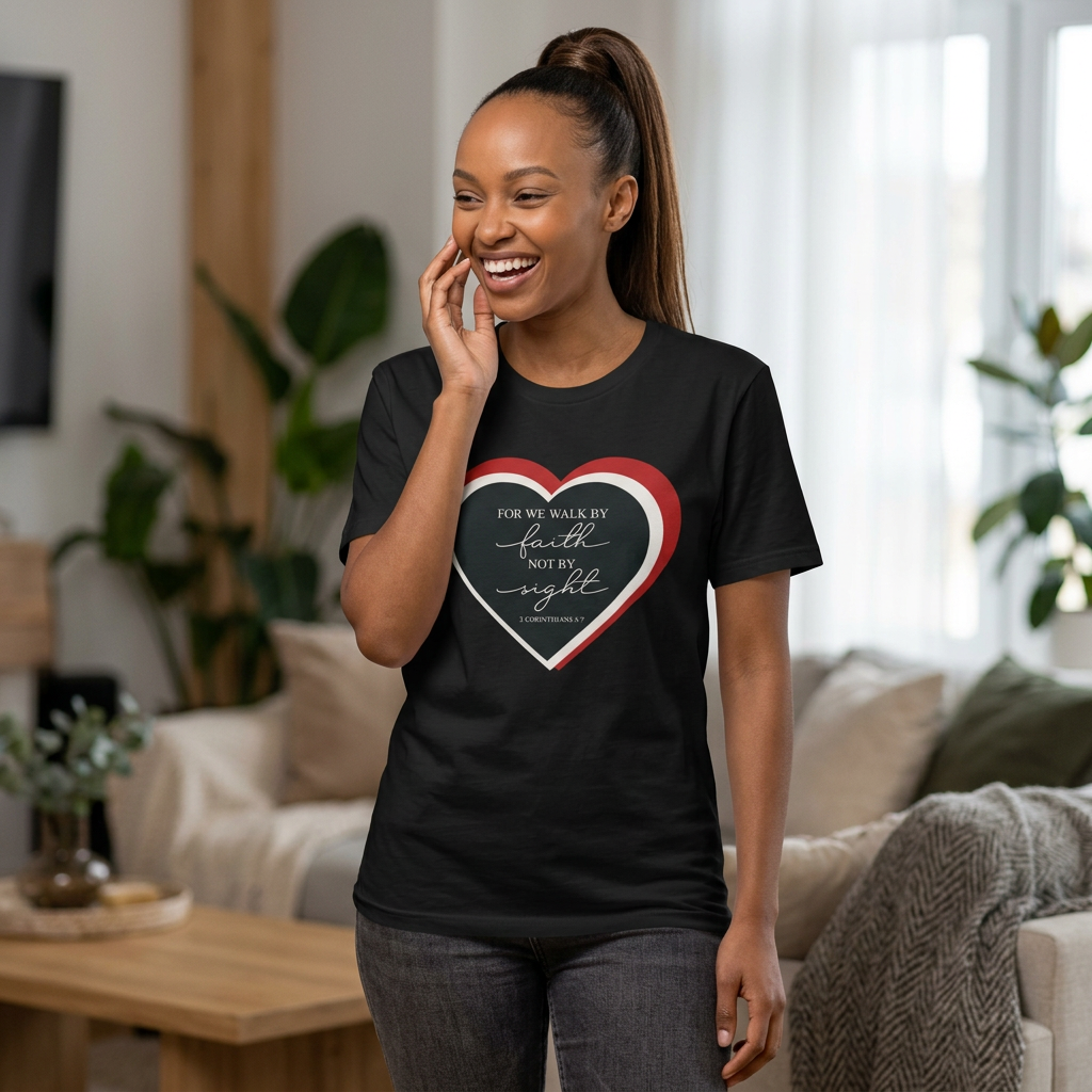 "for we walk by faith not by sight" in heart christian tee