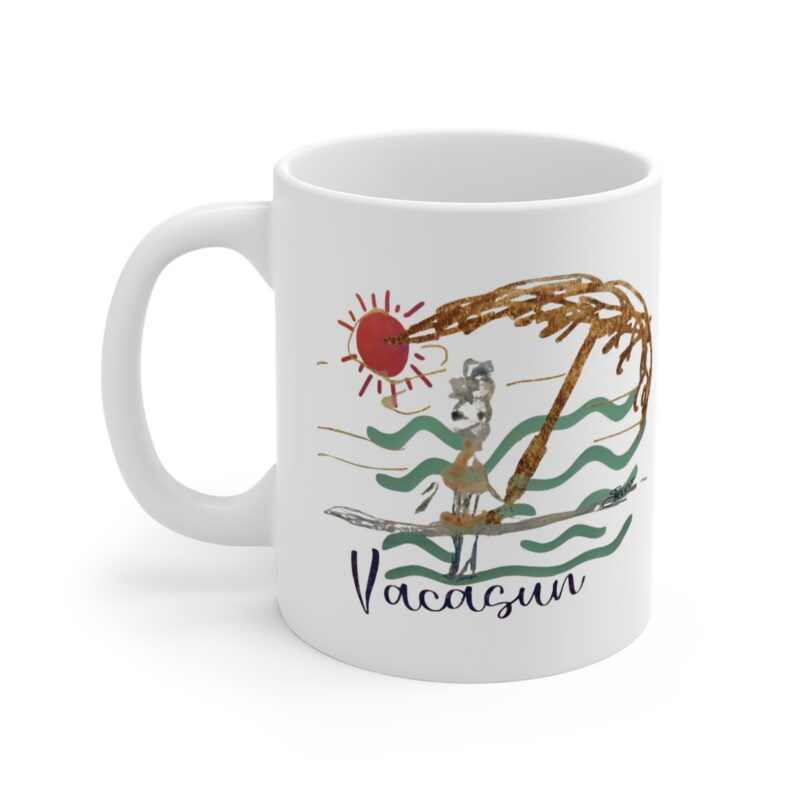 vacay sun surfing mug – tropical palm beach coffee cup (11oz)