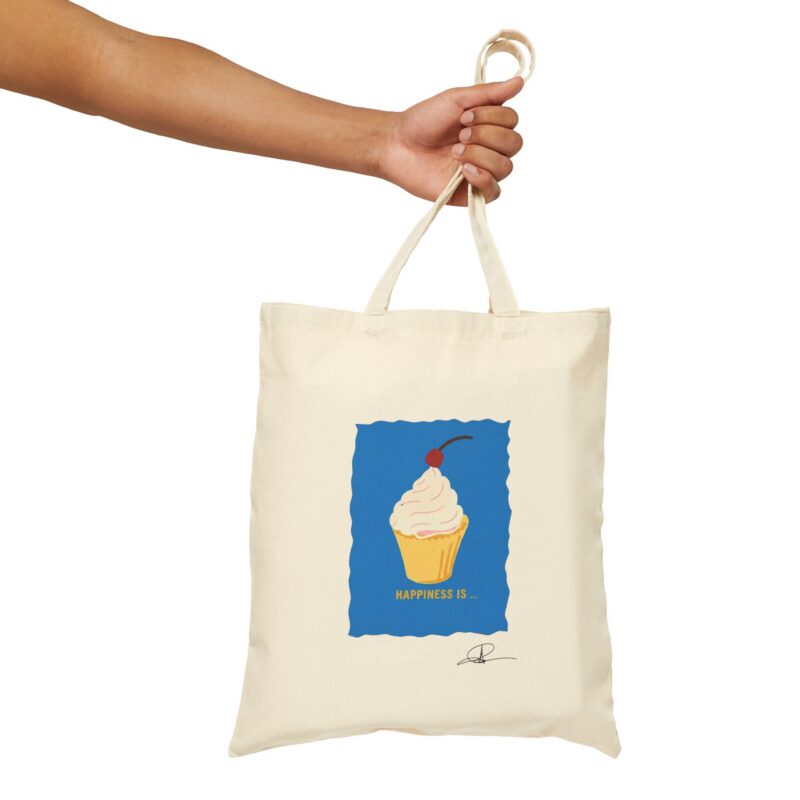 canvas tote bag — 'happiness is' cupcake illustration shopper
