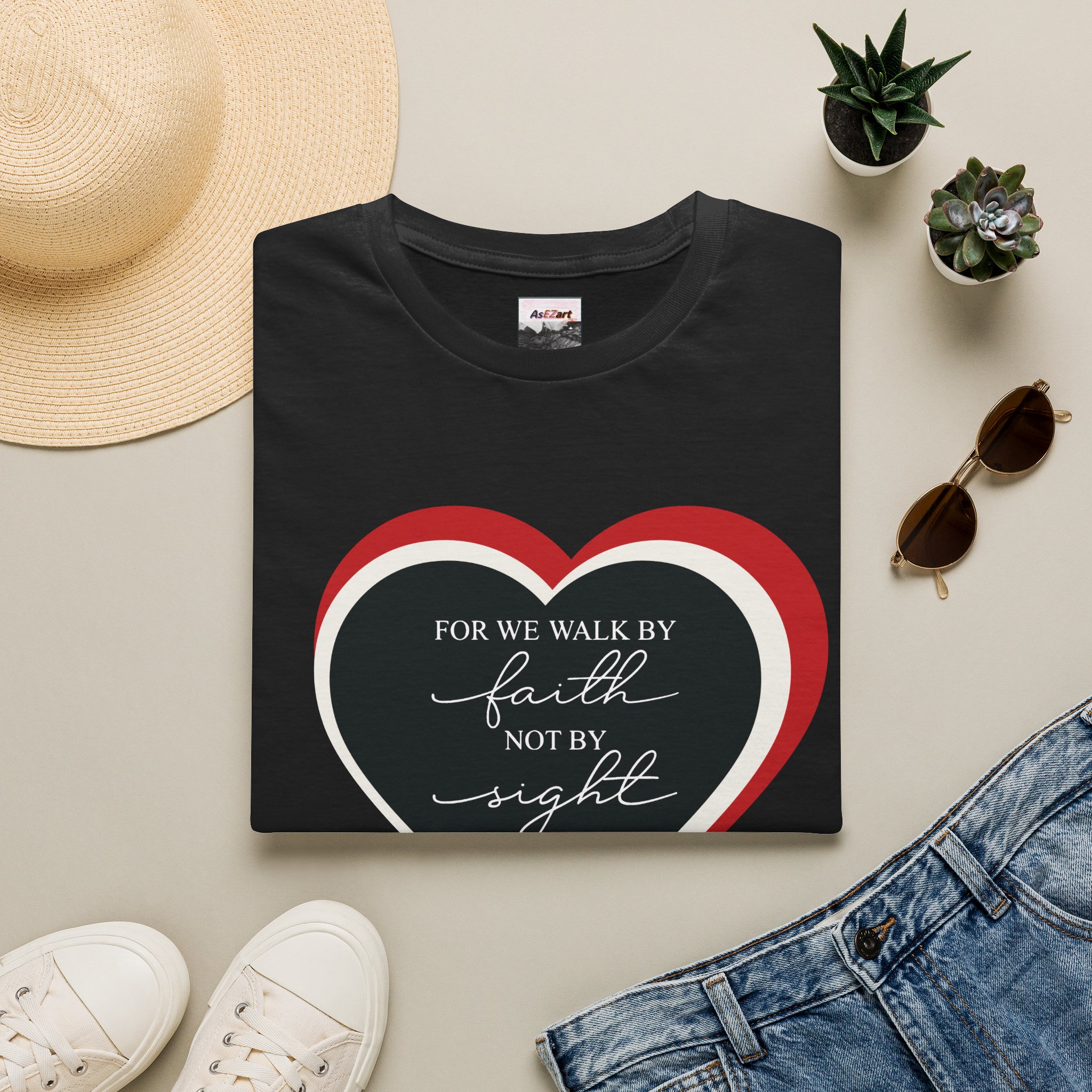 "for we walk by faith not by sight" in heart christian tee